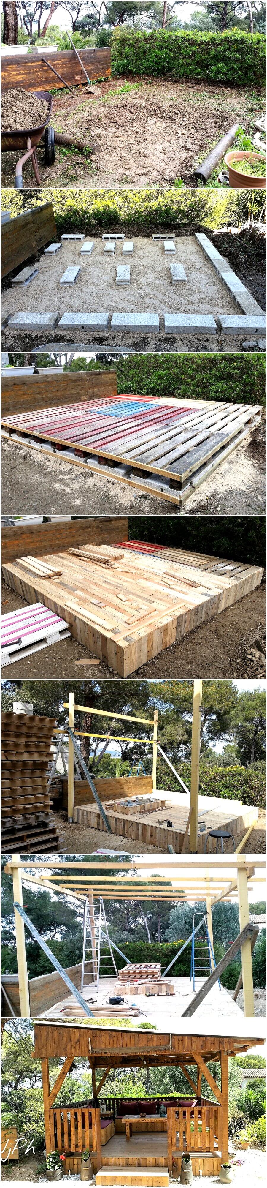 DIY Wood Pallet Garden Gazebo Deck with Furniture