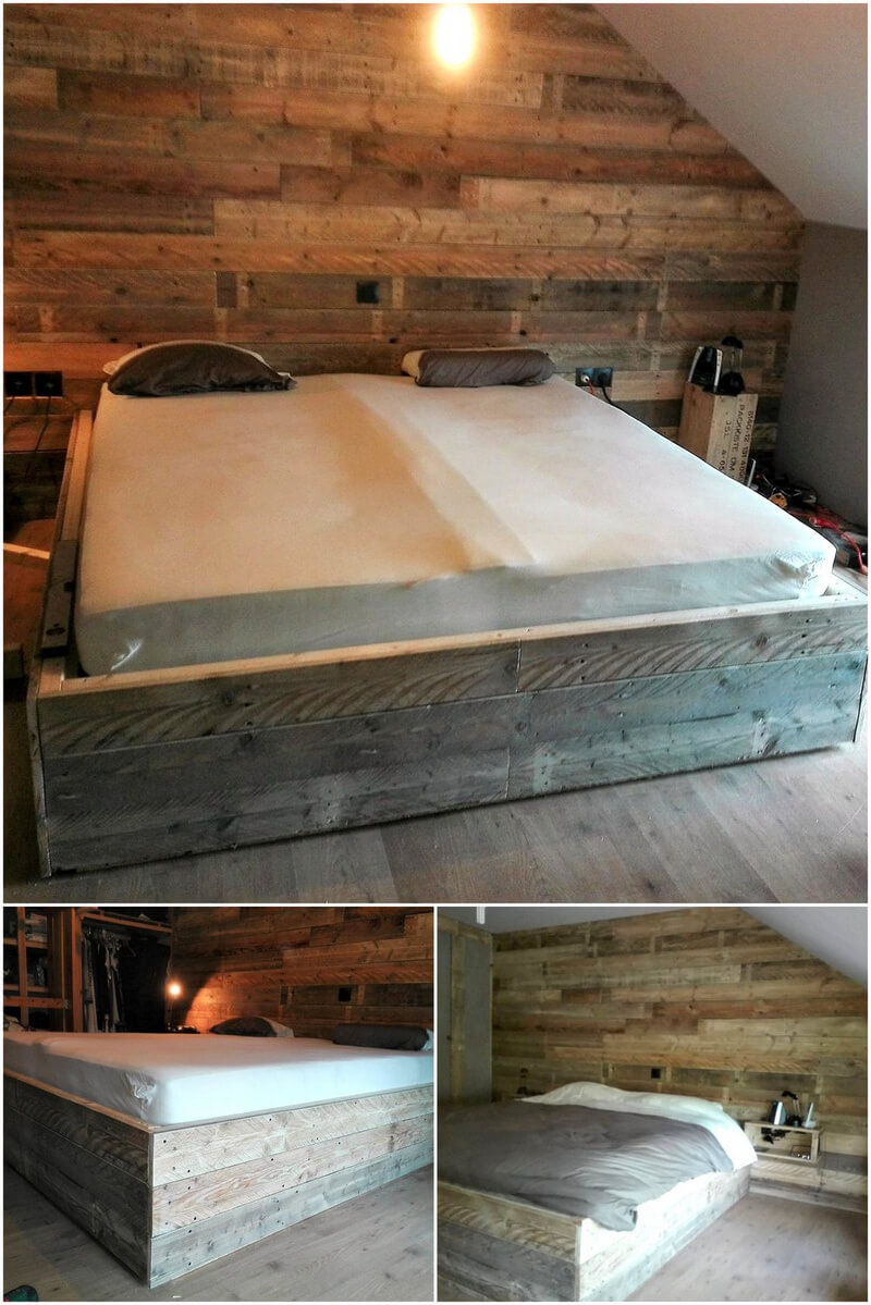 recycled wood pallet bed with wall art