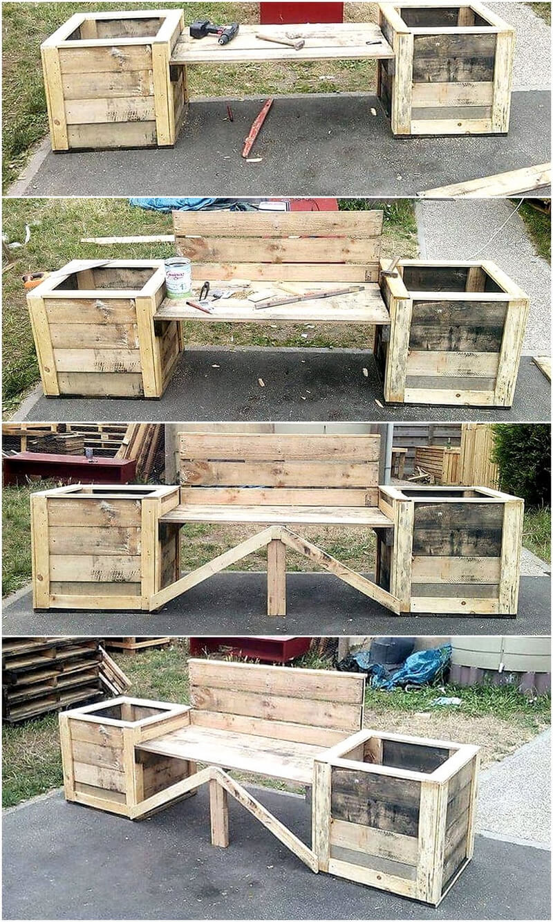 diy pallets bench with attached planters