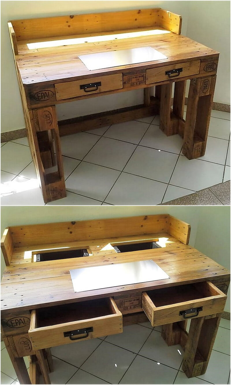 repurposed wooden pallet desk with drawers