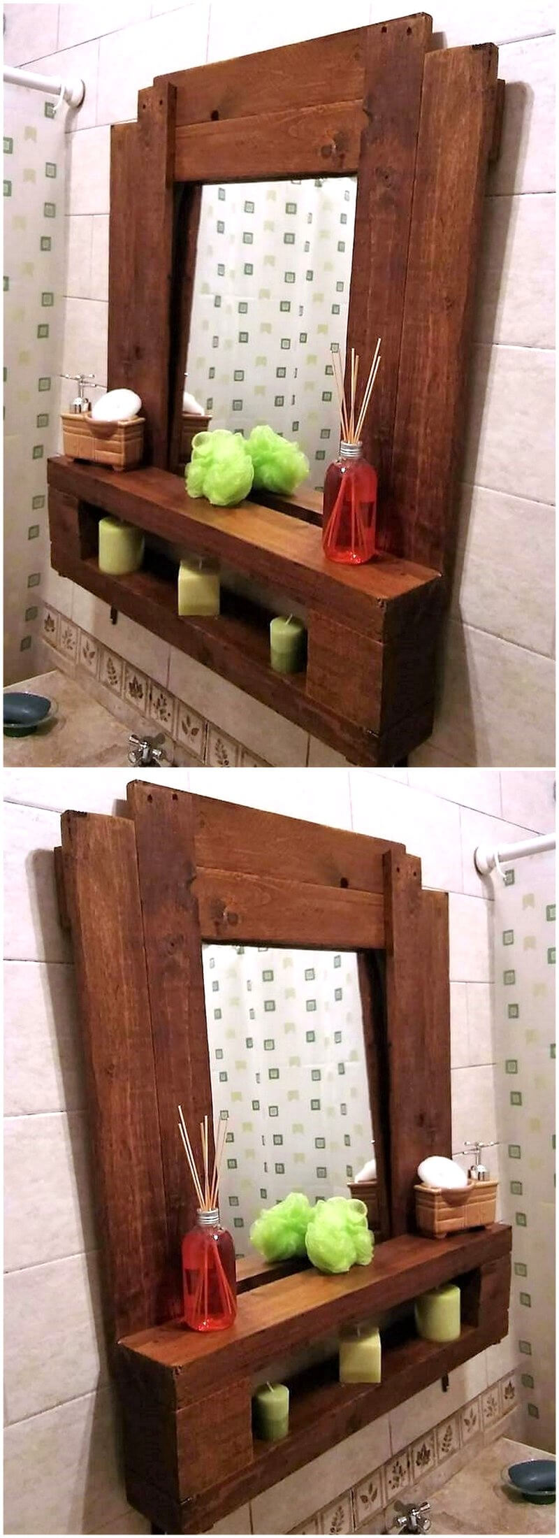 simple wood pallet mirror and shelving
