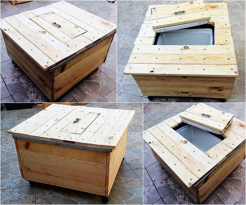 wooden pallet coffee table with cooler