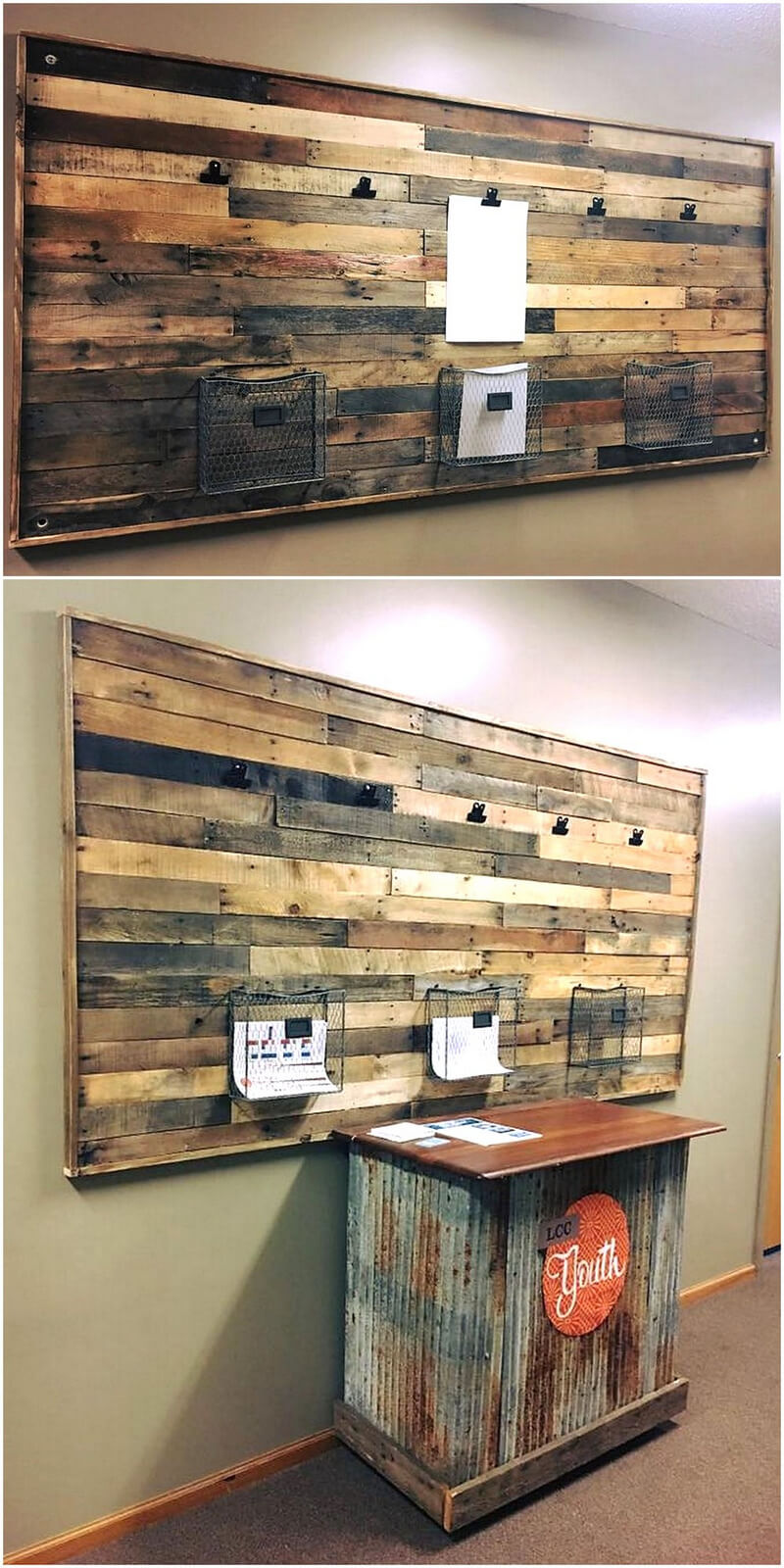 pallets wood newsletter, notice display wall rack
