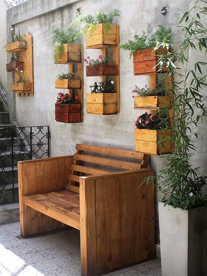wood pallet patio bench and wall decor planters