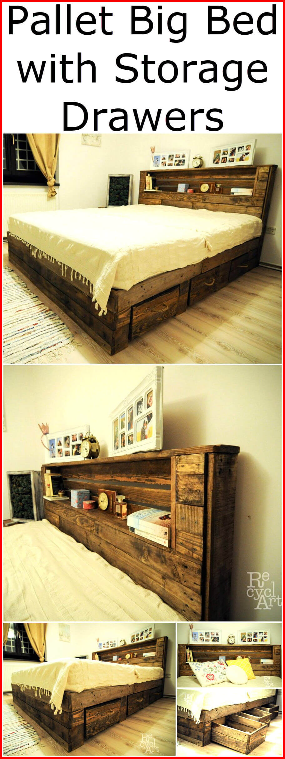 Pallet Big Bed with Storage Drawers
